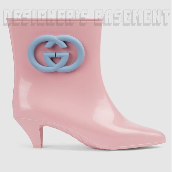 GUCCI 37 pink GENE blue Interlocking G logo rubber ankle RAINBOOT Booties 724458 - Picture 10 of 10